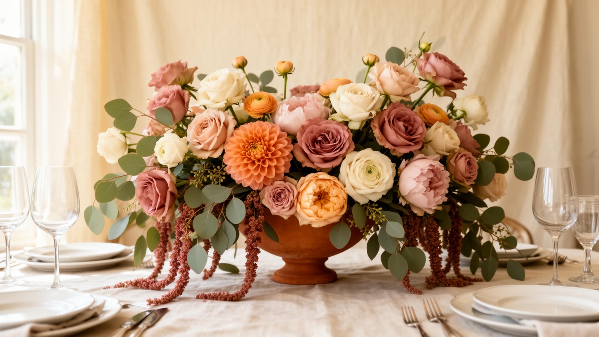 A floral centerpiece on a set table — Big Deal Catering